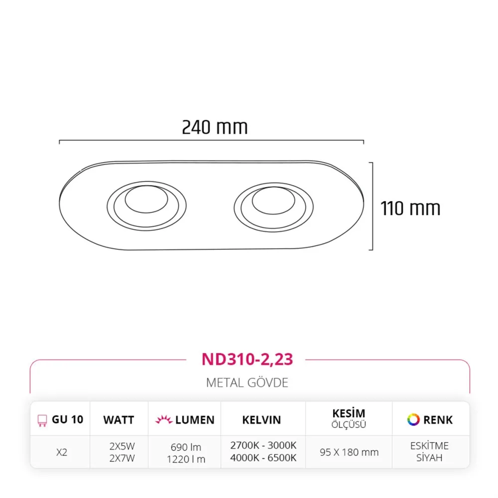 Nevo Sıva Altı İkili Led Spot Eskitme Siyah Nd310-2 — 3. görsel