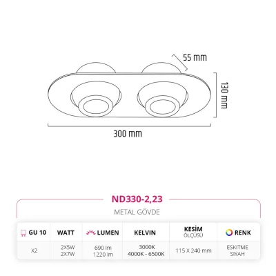 Nevo Sıva Altı İkili Led Spot Eskitme Siyah Nd330-2 — 4. görsel