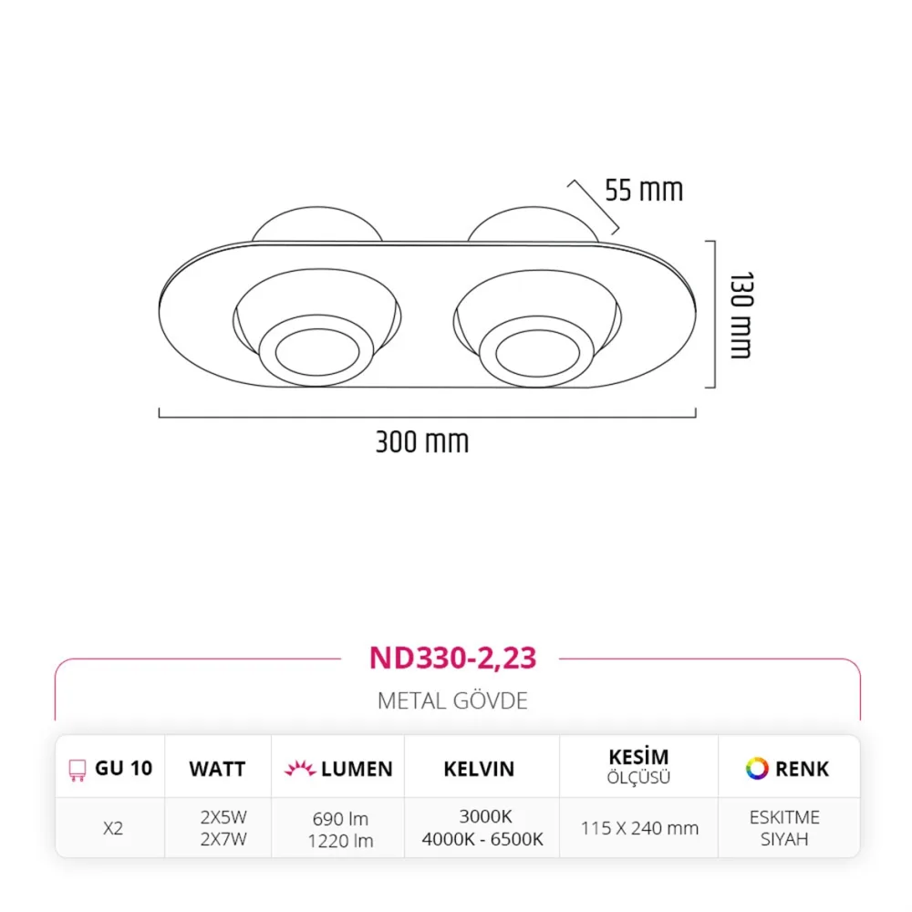 Nevo Sıva Altı İkili Led Spot Eskitme Siyah Nd330-2 — 4. görsel