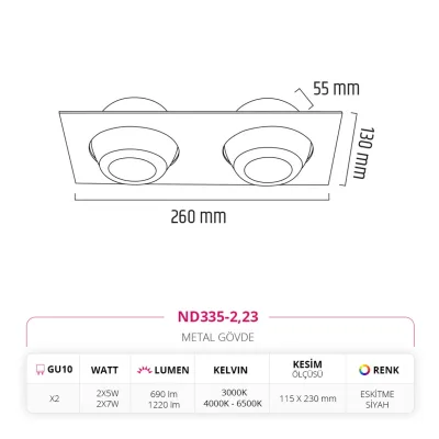 Nevo Sıva Altı İkili Led Spot Eskitme Siyah Nd335-2 — 3. görsel
