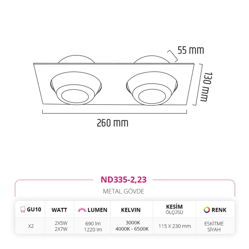Nevo Sıva Altı İkili Led Spot Eskitme Siyah Nd335-2 — 3. görsel
