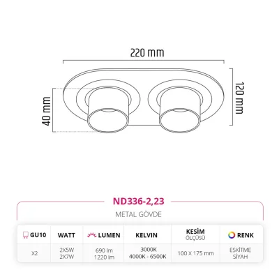 Nevo Sıva Altı İkili Led Spot Eskitme Siyah Nd336-2 — 4. görsel