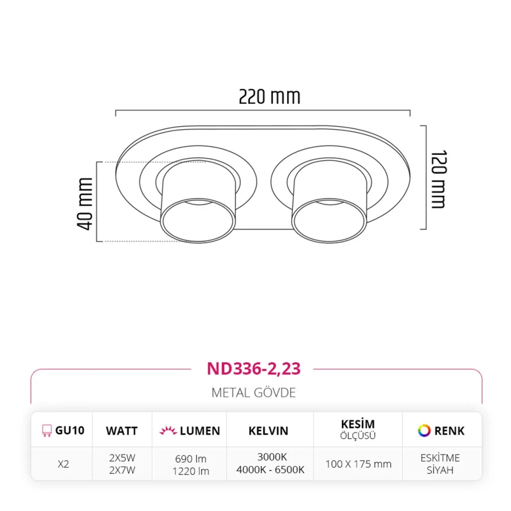 Nevo Sıva Altı İkili Led Spot Eskitme Siyah Nd336-2 — 4. görsel