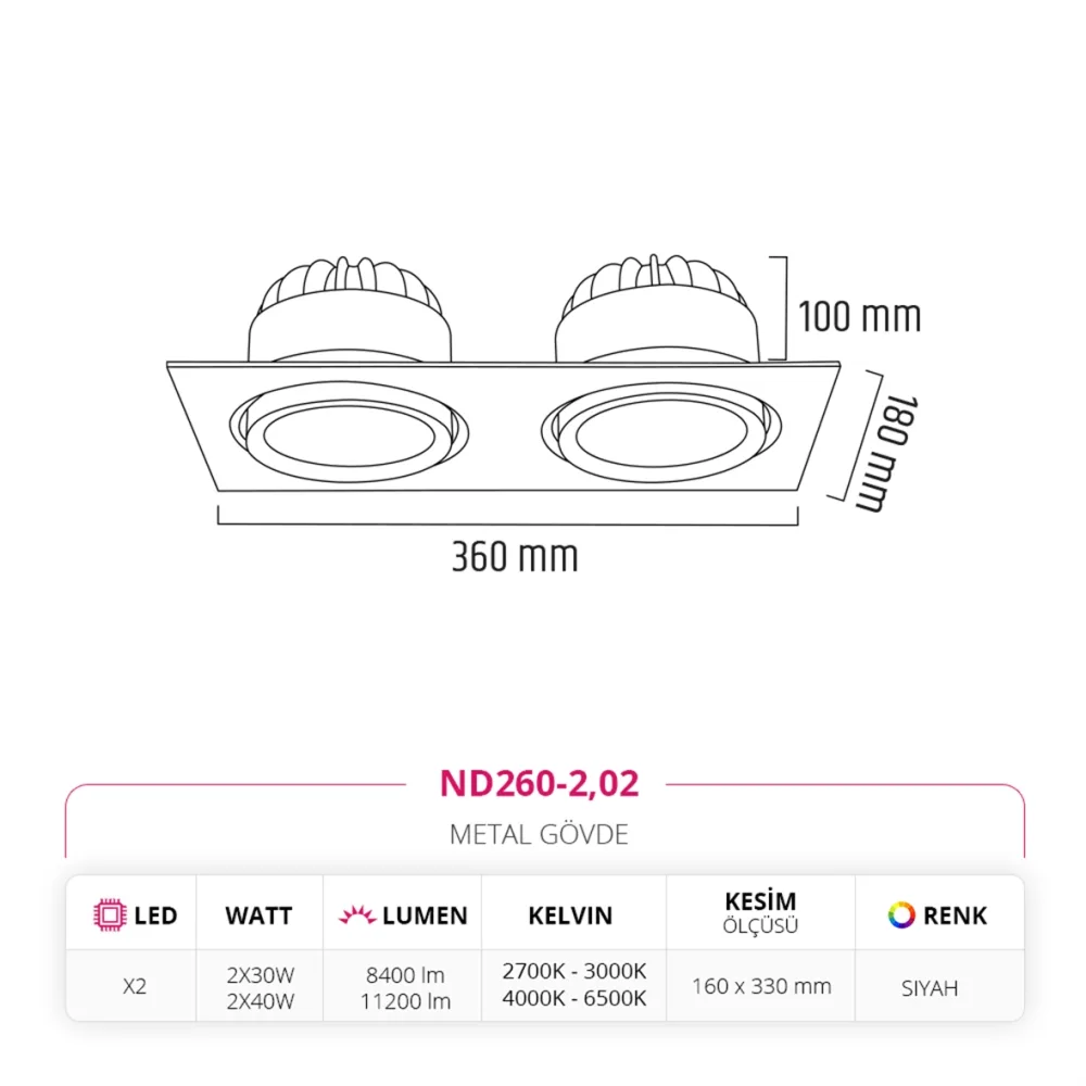 Nevo Sıva Altı İkili Led Spot Siyah Nd260-2 — 5. görsel