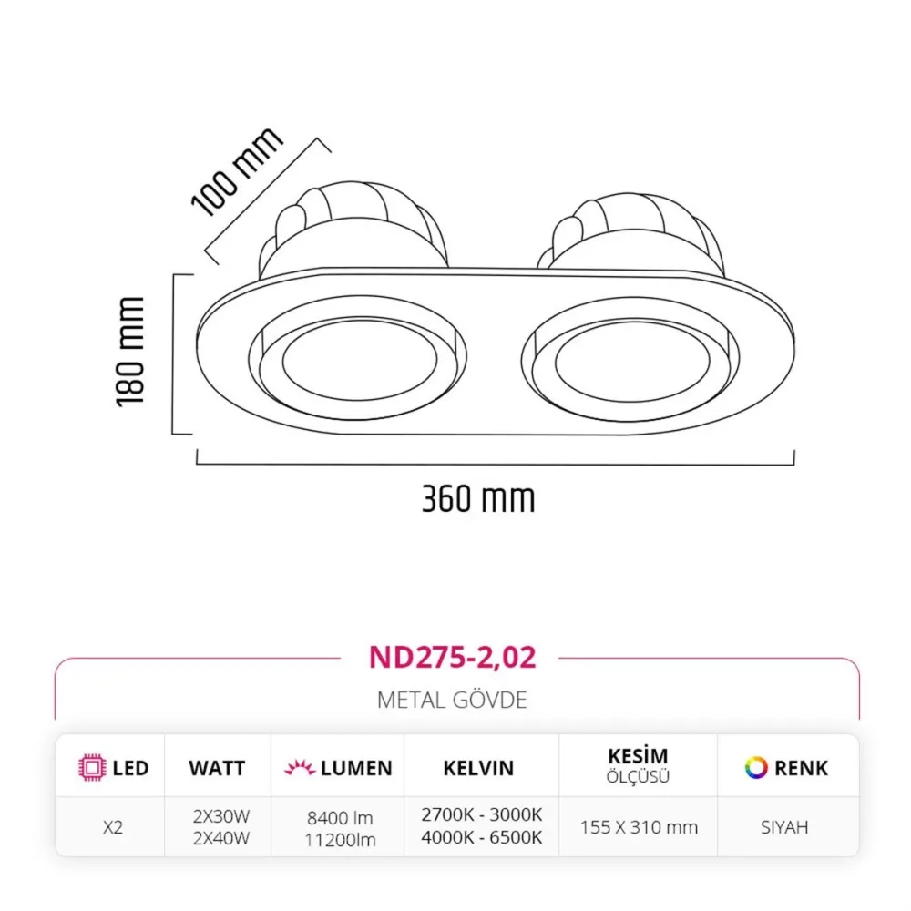 Nevo Sıva Altı İkili Led Spot Siyah Nd275-2 — 3. görsel