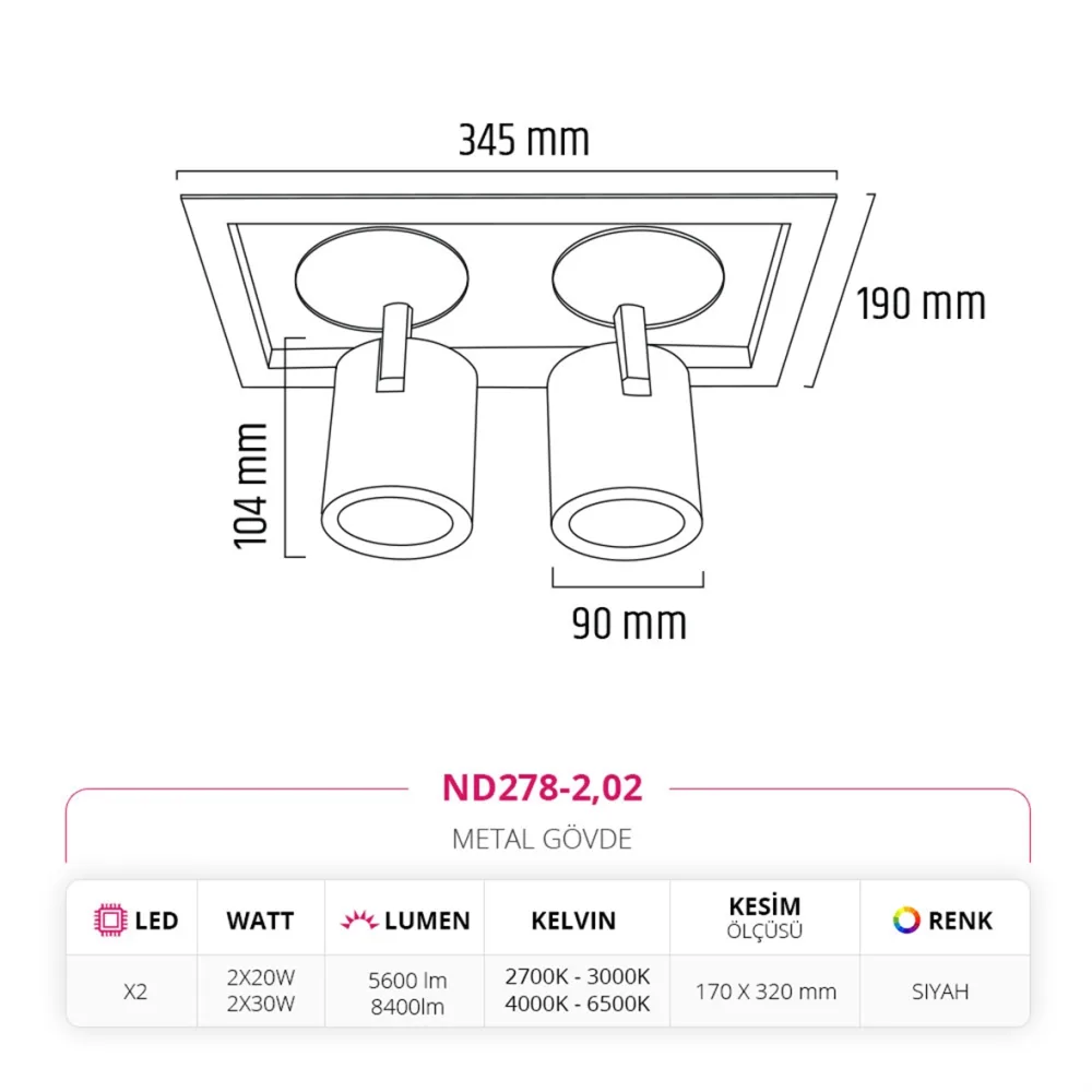 Nevo Sıva Altı İkili Led Spot Siyah Nd278-2 — 2. görsel