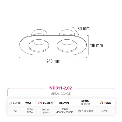 Nevo Sıva Altı İkili Led Spot Siyah Nd311-2 — 3. görsel