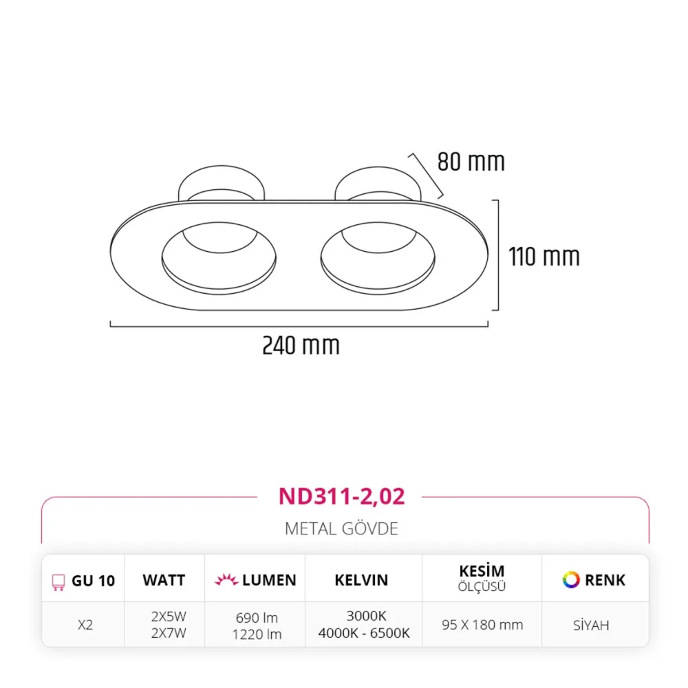 Nevo Sıva Altı İkili Led Spot Siyah Nd311-2 — 3. görsel