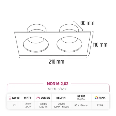 Nevo Sıva Altı İkili Led Spot Siyah Nd316-2 — 3. görsel