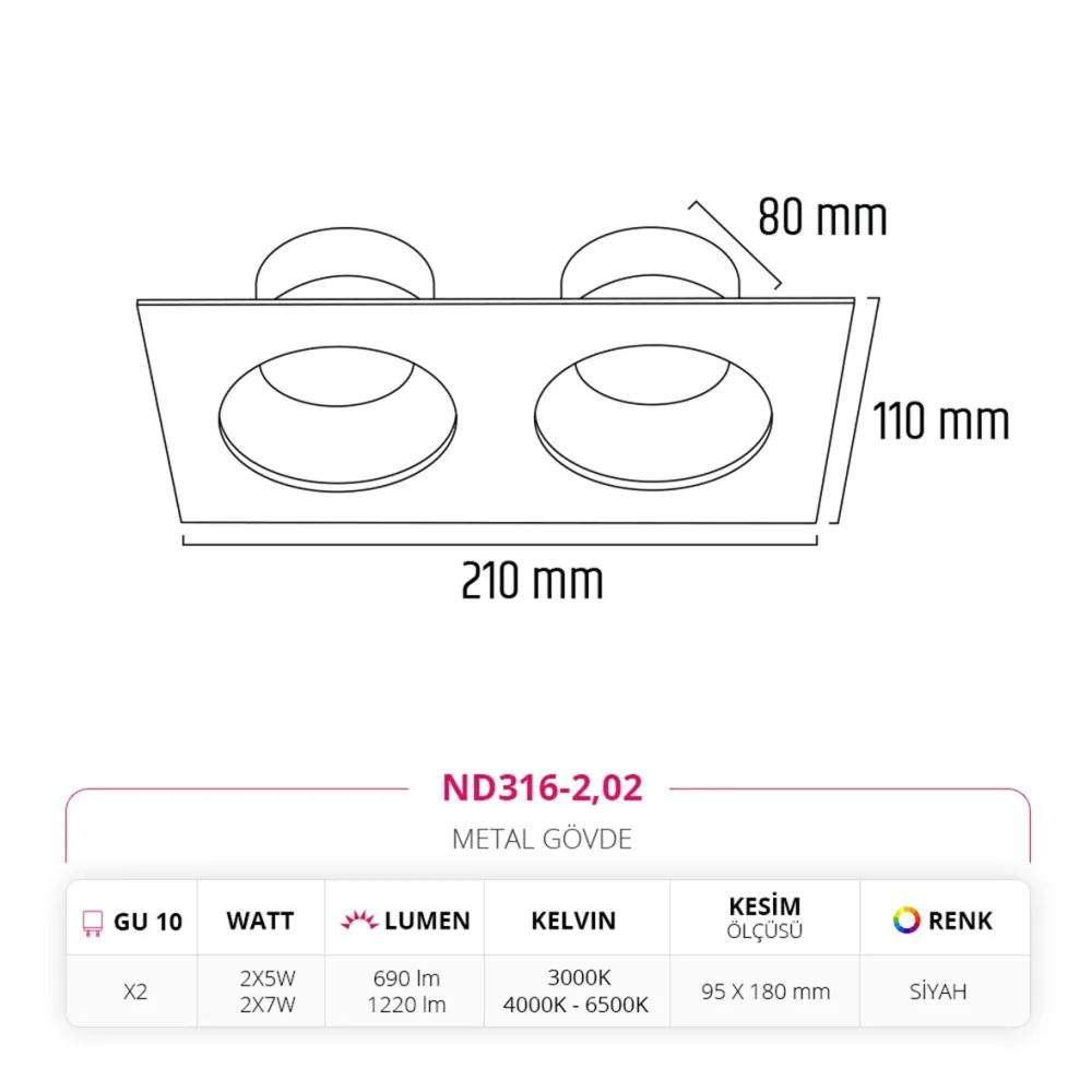 Nevo Sıva Altı İkili Led Spot Siyah Nd316-2 — 3. görsel
