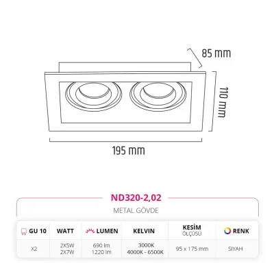 Nevo Sıva Altı İkili Led Spot Siyah Nd320-2 — 3. görsel