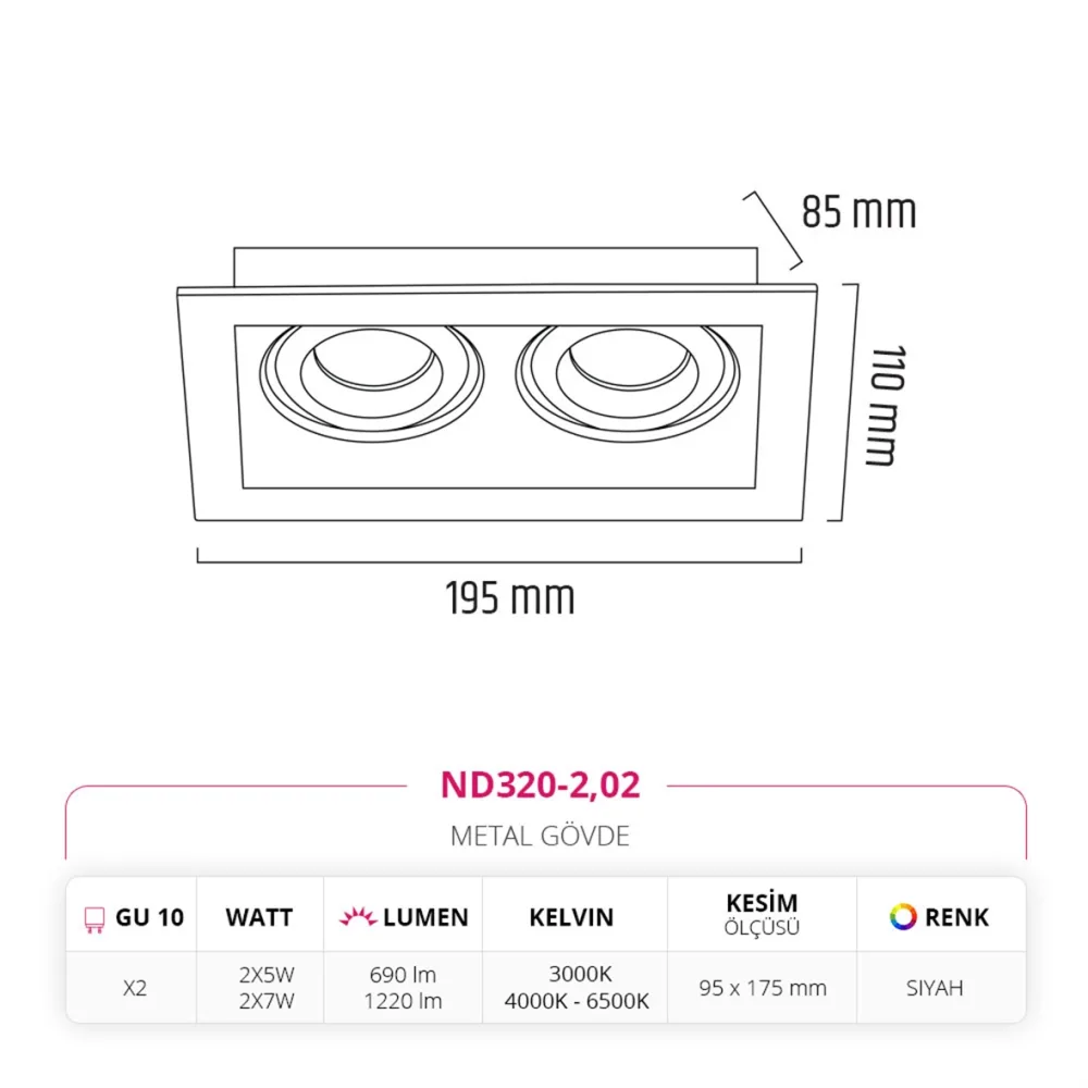 Nevo Sıva Altı İkili Led Spot Siyah Nd320-2 — 3. görsel