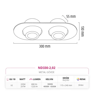 Nevo Sıva Altı İkili Led Spot Siyah Nd330-2 — 3. görsel