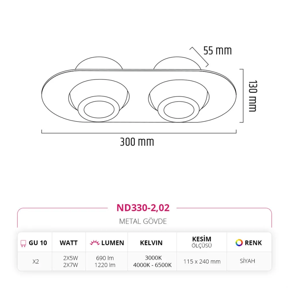 Nevo Sıva Altı İkili Led Spot Siyah Nd330-2 — 3. görsel