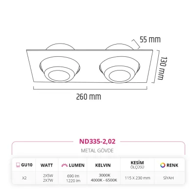 Nevo Sıva Altı İkili Led Spot Siyah Nd335-2 — 3. görsel