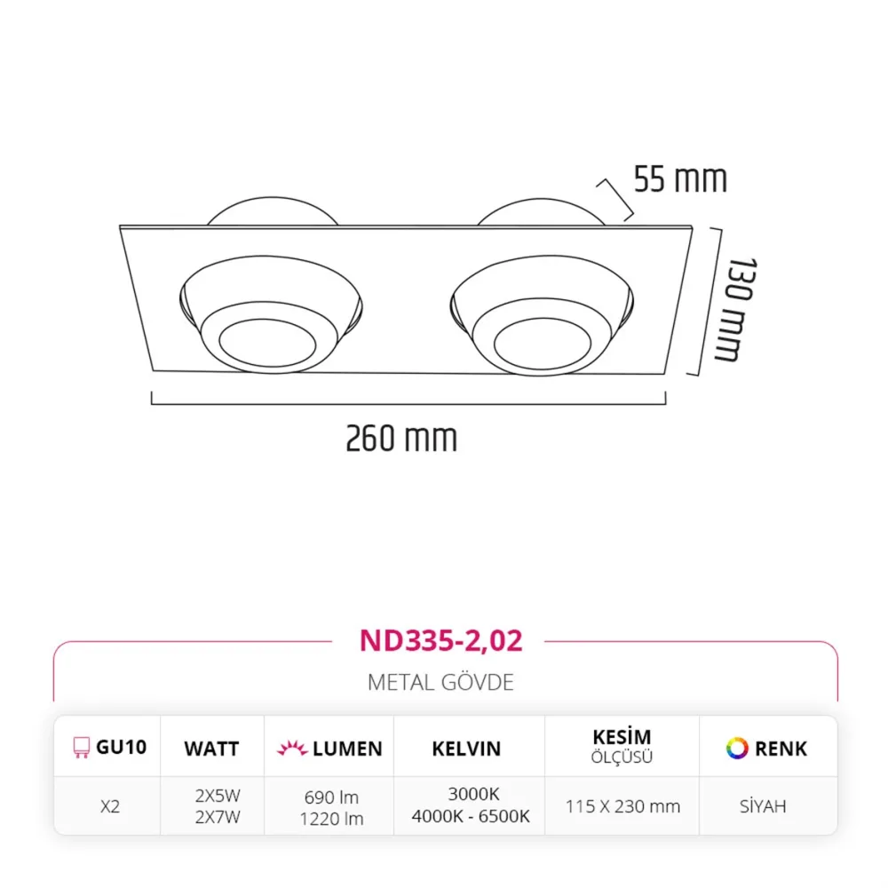 Nevo Sıva Altı İkili Led Spot Siyah Nd335-2 — 3. görsel
