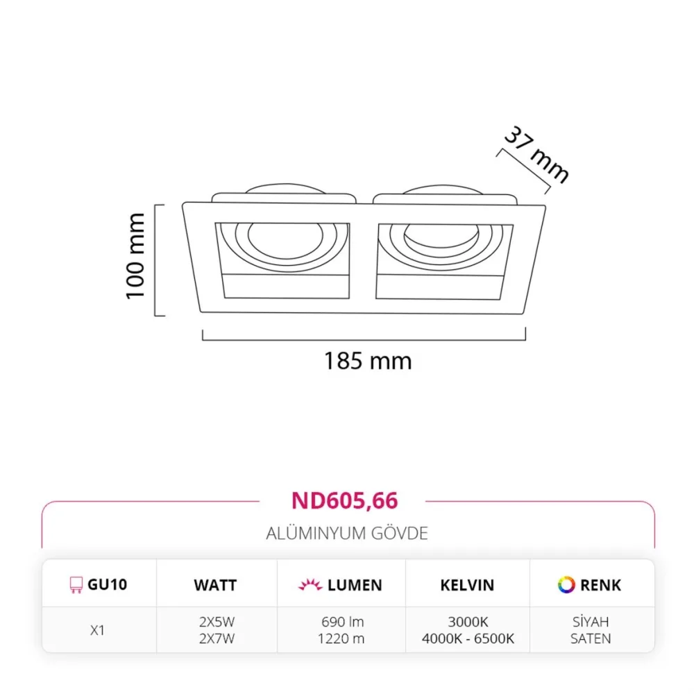 Nevo Sıva Altı İkili Led Spot Siyah Saten Siyah Nd605 — 3. görsel