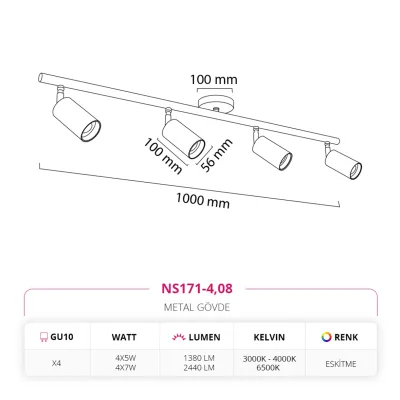 Nevo Sıva Üstü Dörtlü Led Spot Eskitme Ns171-4