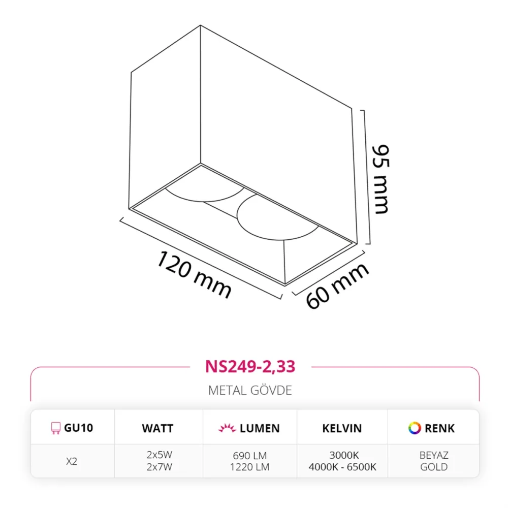 Nevo Sıva Üstü İkili Led Spot Beyaz Gold Ns249-2 — 2. görsel