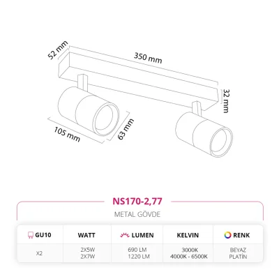 Nevo Sıva Üstü İkili Led Spot Beyaz Platin Ns170-2