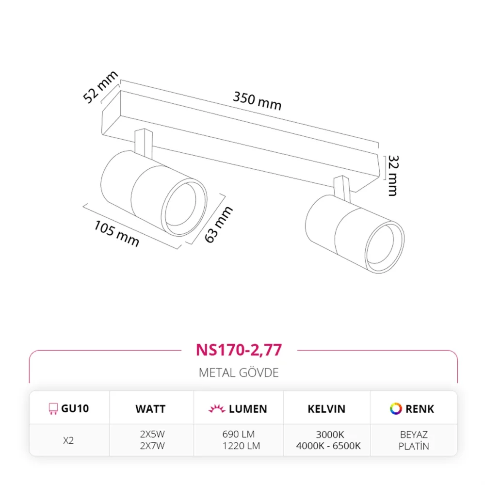 Nevo Sıva Üstü İkili Led Spot Beyaz Platin Ns170-2 — 2. görsel