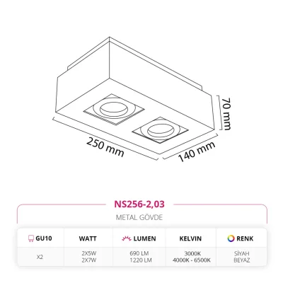 Nevo Sıva Üstü İkili Led Spot Beyaz Siyah Ns256-2 — 2. görsel