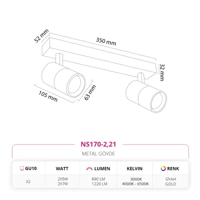 Nevo Sıva Üstü İkili Led Spot Siyah Gold Ns170-2
