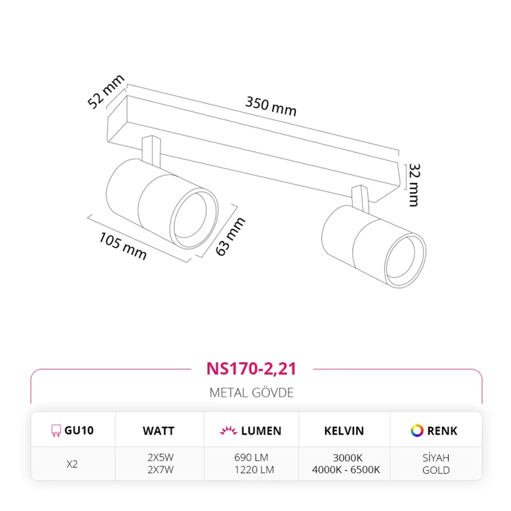 Nevo Sıva Üstü İkili Led Spot Siyah Gold Ns170-2 — 2. görsel