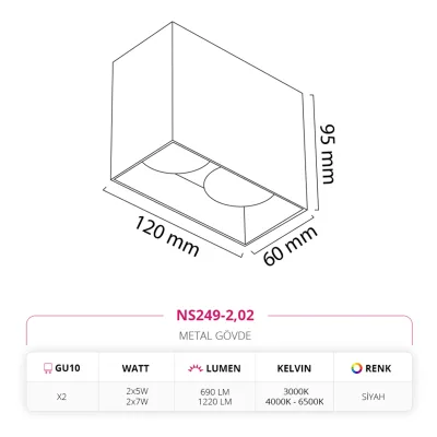 Nevo Sıva Üstü İkili Led Spot Siyah Ns249-2 — 2. görsel
