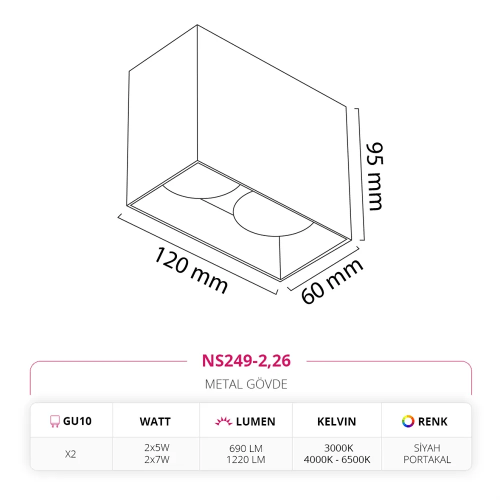 Nevo Sıva Üstü İkili Led Spot Siyah Portakal Ns249-2 — 2. görsel