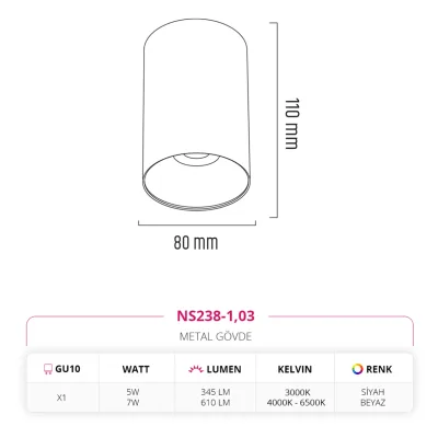 Nevo Sıva Üstü Led Spot Beyaz Siyah Ns238-1 — 3. görsel
