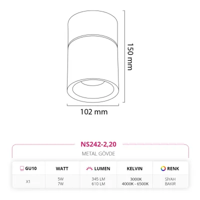 Nevo Sıva Üstü Led Spot Siyah Bakır Ns242-2 — 4. görsel