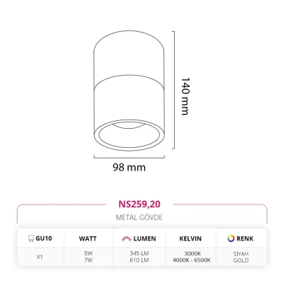 Nevo Sıva Üstü Led Spot Siyah Gold Ns259 — 3. görsel
