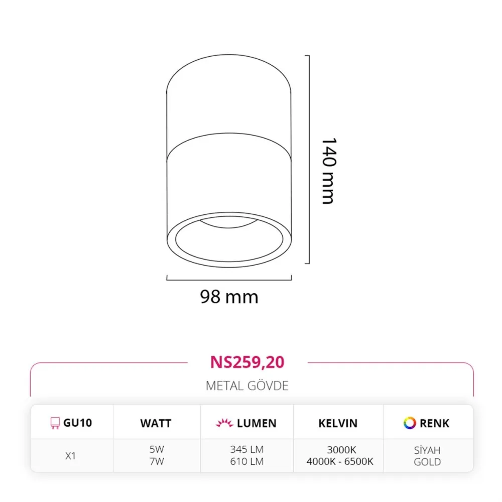 Nevo Sıva Üstü Led Spot Siyah Gold Ns259 — 3. görsel