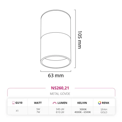 Nevo Sıva Üstü Led Spot Siyah Gold Ns260 — 2. görsel