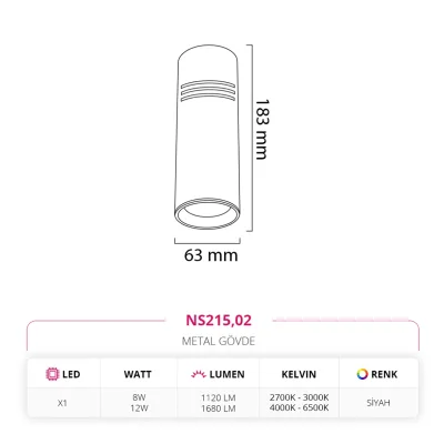 Nevo Sıva Üstü Led Spot Siyah Ns215