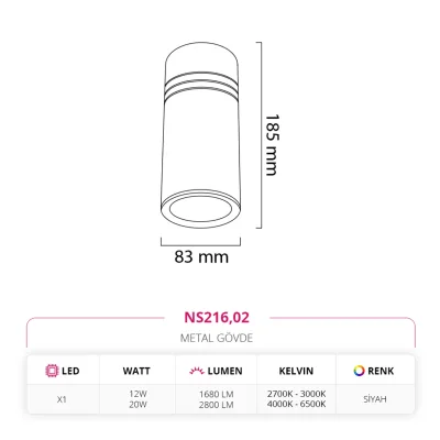 Nevo Sıva Üstü Led Spot Siyah Ns216