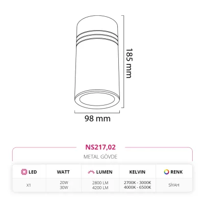 Nevo Sıva Üstü Led Spot Siyah Ns217