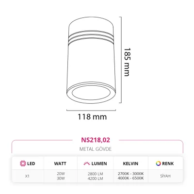 Nevo Sıva Üstü Led Spot Siyah Ns218