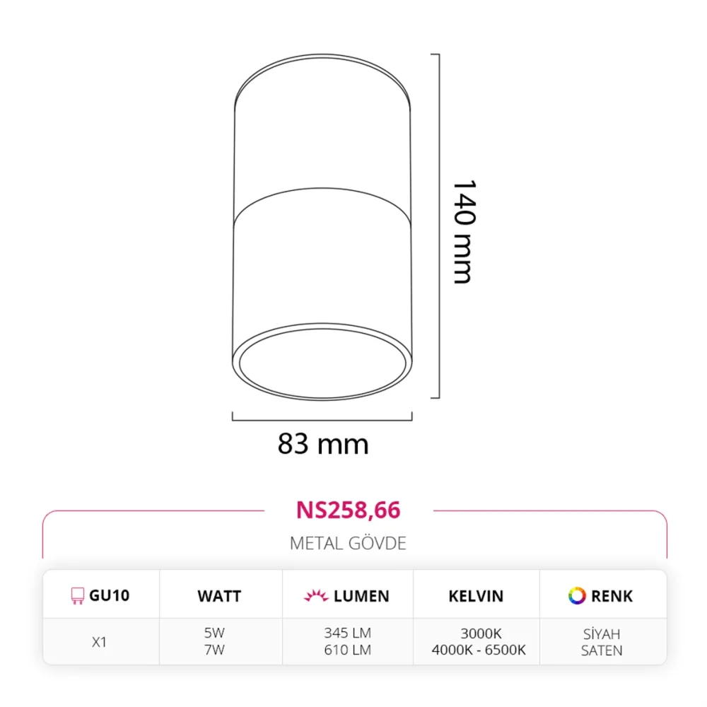 Nevo Sıva Üstü Led Spot Siyah Saten Ns258 — 2. görsel
