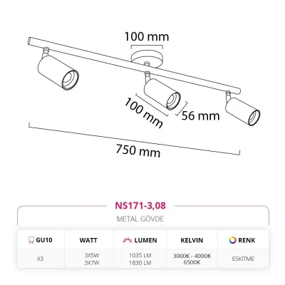 Nevo Sıva Üstü Üçlü Led Spot Eskitme Ns171-3