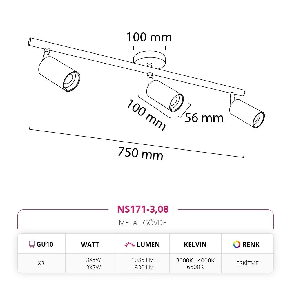 Nevo Sıva Üstü Üçlü Led Spot Eskitme Ns171-3 — 2. görsel