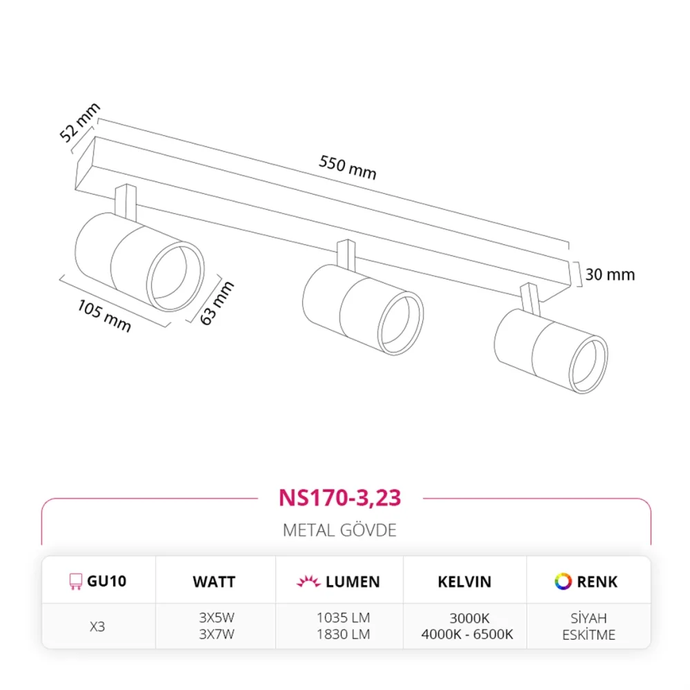 Nevo Sıva Üstü Üçlü Led Spot Siyah Eskitme Ns170-3 — 2. görsel