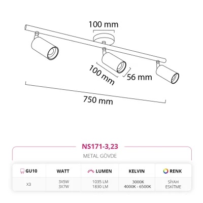 Nevo Sıva Üstü Üçlü Led Spot Siyah Eskitme Ns171-3